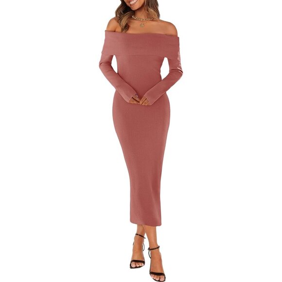 Merokeety Women's Brick Off Shoulder Long Sleeve Elegant Bodycon Midi Dress - Picture 3 of 9